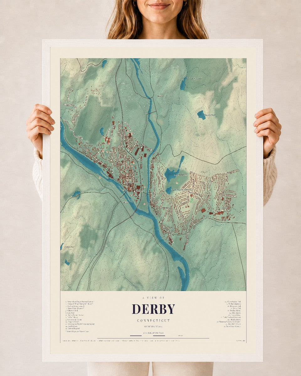 Derby, Connecticut map print, 24" x 36", W/ White Ayous Wood Frame