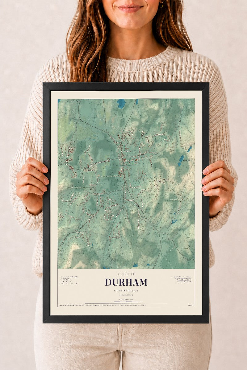 Durham, Connecticut map print, 12" x 18", W/ Black Ayous Wood Frame