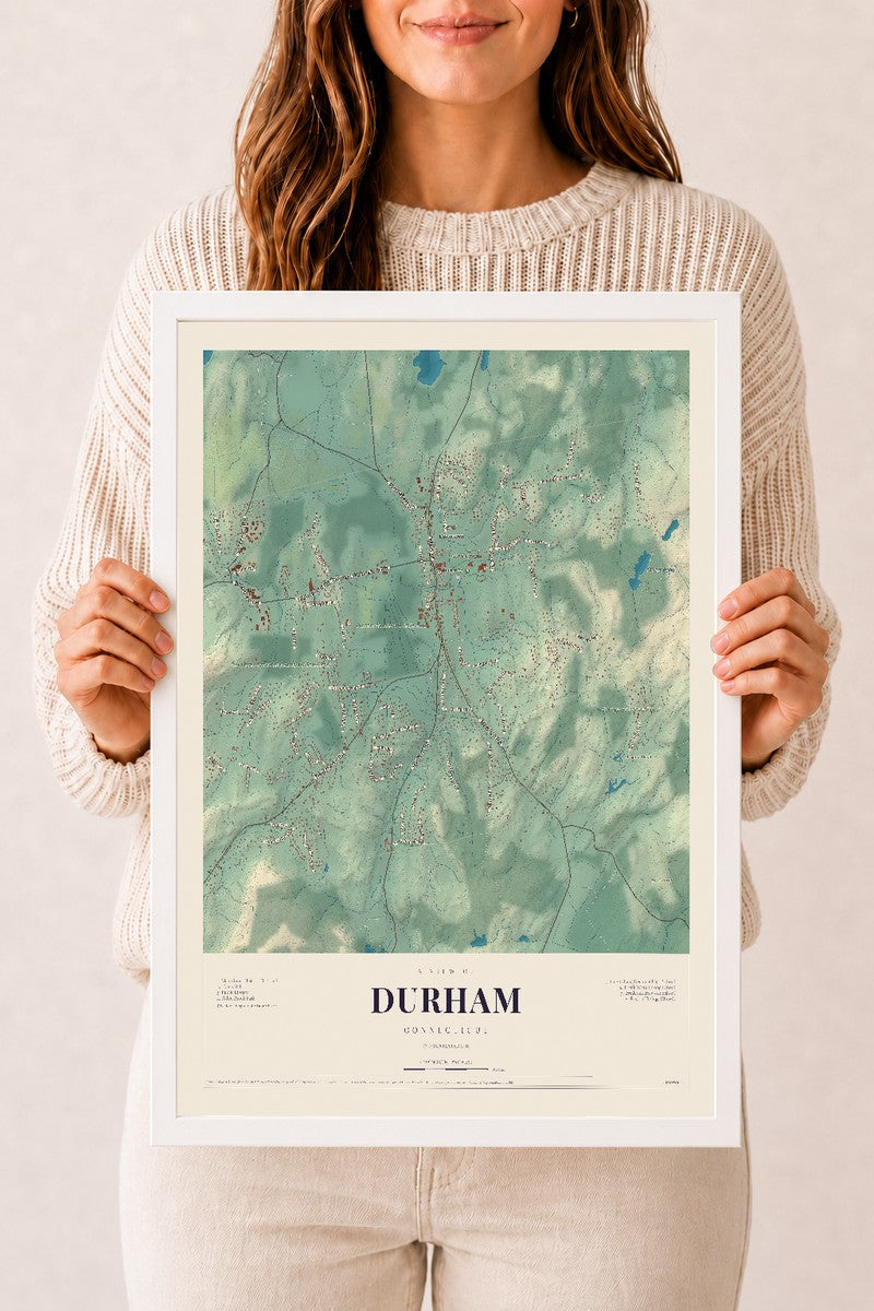 Durham, Connecticut map print, 12" x 18", W/ White Ayous Wood Frame