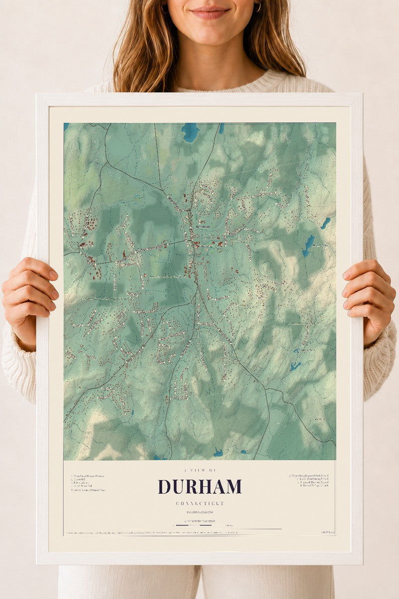 Durham, Connecticut map print, 18" x 24", W/ White Ayous Wood Frame