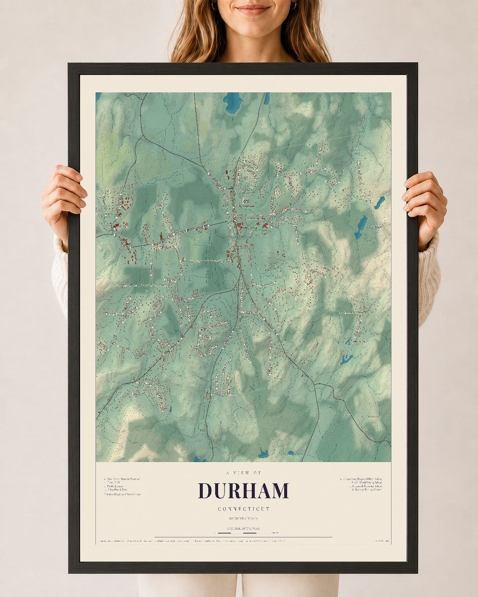 Durham, Connecticut map print, 24" x 36", W/ Black Ayous Wood Frame