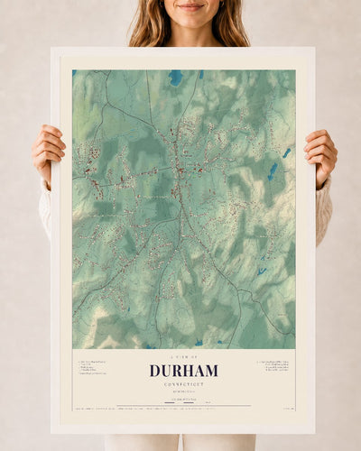 Durham, Connecticut map print, 24" x 36", W/ White Ayous Wood Frame