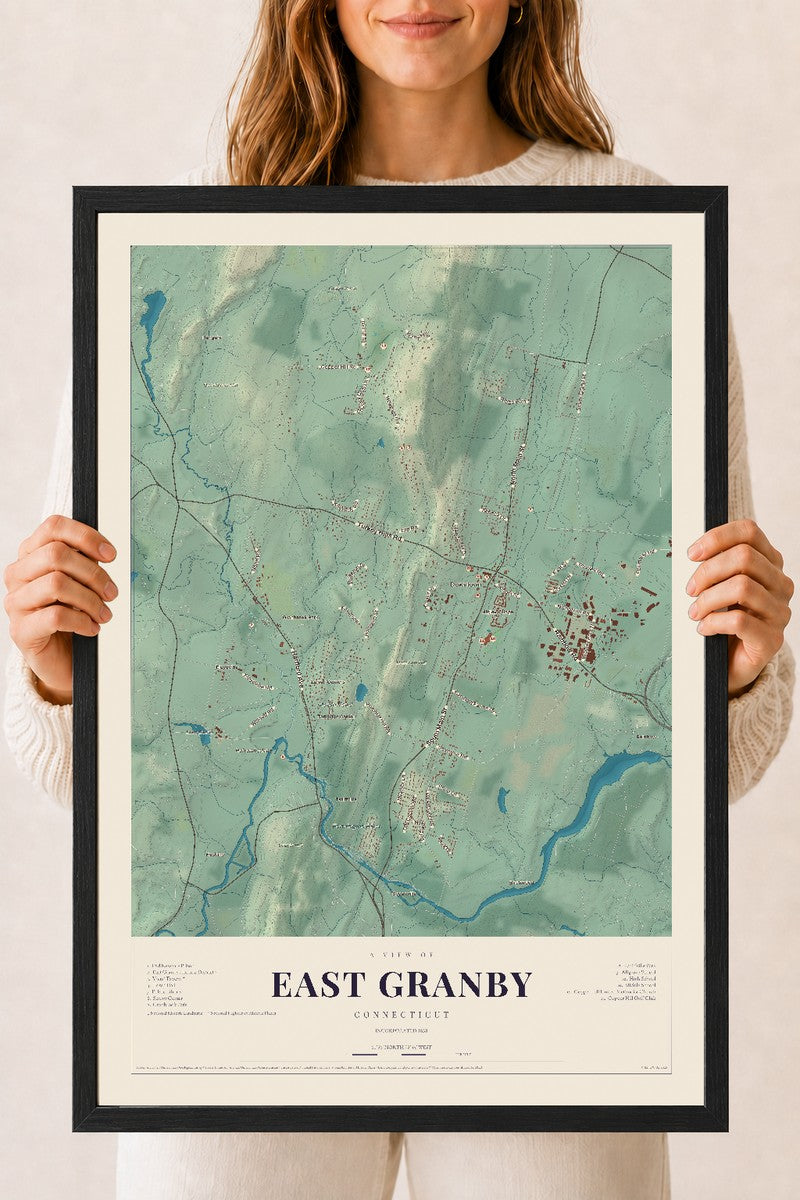 East Granby, Connecticut map print, 18" x 24", W/ Black Ayous Wood Frame