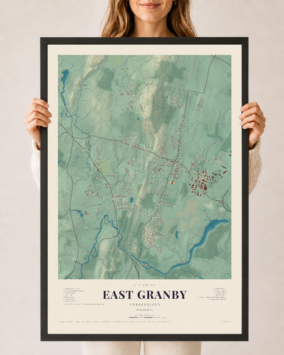 East Granby, Connecticut map print, 24" x 36", W/ Black Ayous Wood Frame