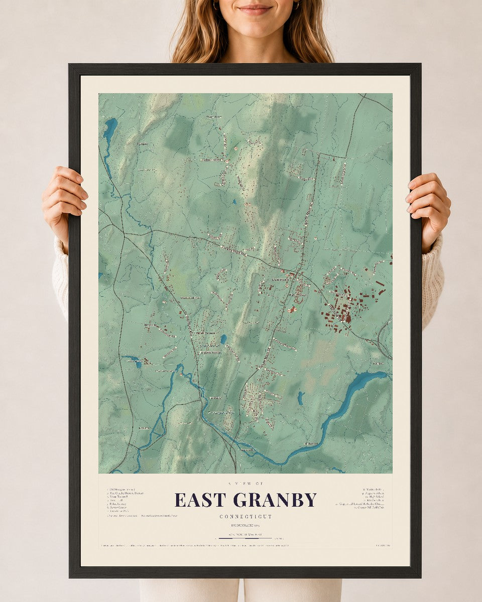 East Granby, Connecticut map print, 24" x 36", W/ Black Ayous Wood Frame