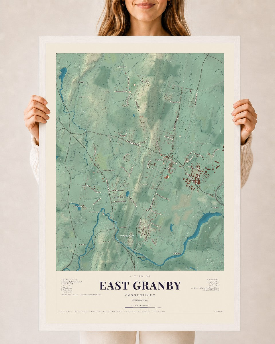East Granby, Connecticut map print, 24" x 36", W/ White Ayous Wood Frame