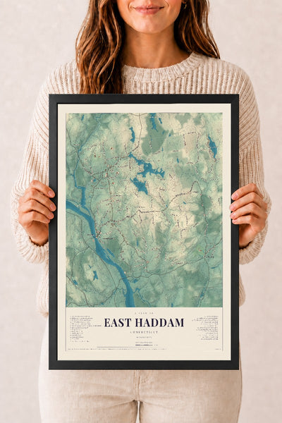 East Haddam, Connecticut map print, 12" x 18", W/ Black Ayous Wood Frame