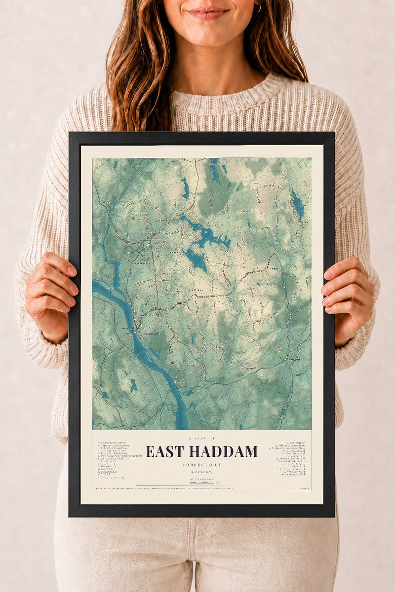 East Haddam, Connecticut map print, 12" x 18", W/ Black Ayous Wood Frame