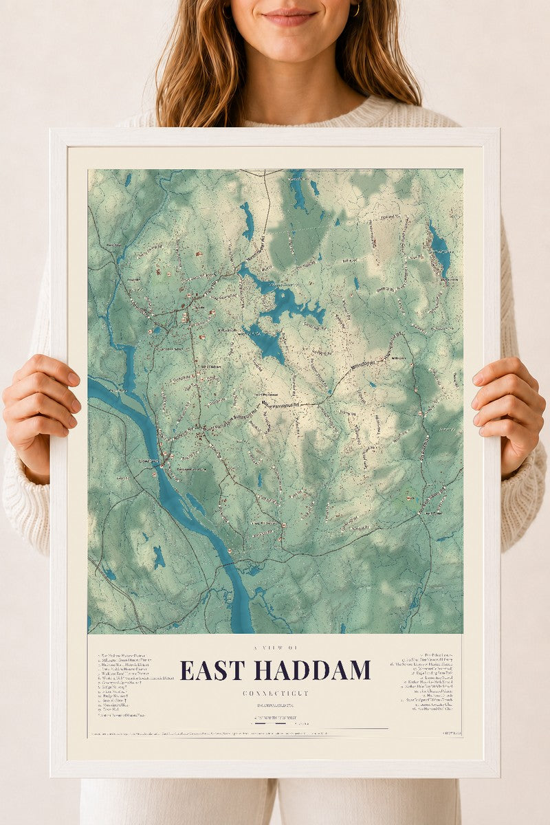 East Haddam, Connecticut map print, 18" x 24", W/ White Ayous Wood Frame
