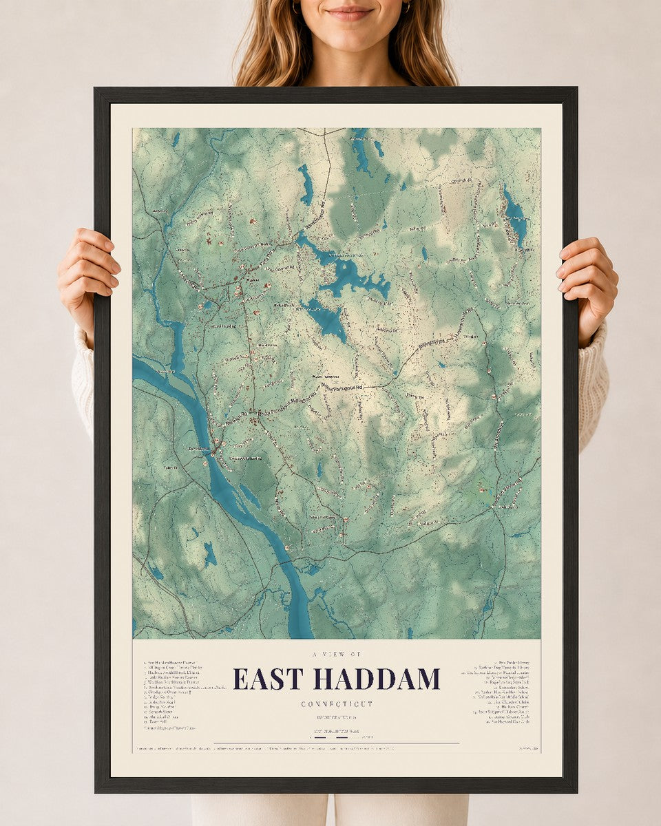 East Haddam, Connecticut map print, 24" x 36", W/ Black Ayous Wood Frame