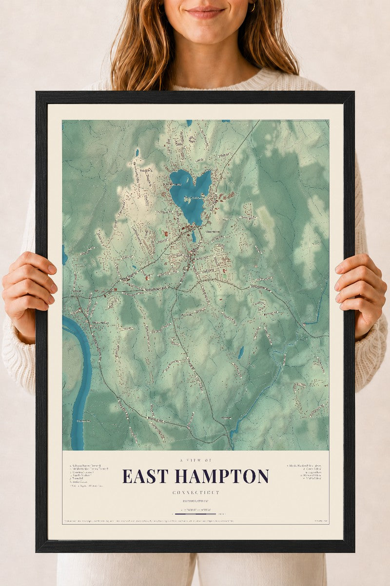 East Hampton, Connecticut map print, 18" x 24", W/ Black Ayous Wood Frame