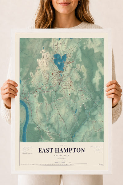 East Hampton, Connecticut map print, 18" x 24", W/ White Ayous Wood Frame