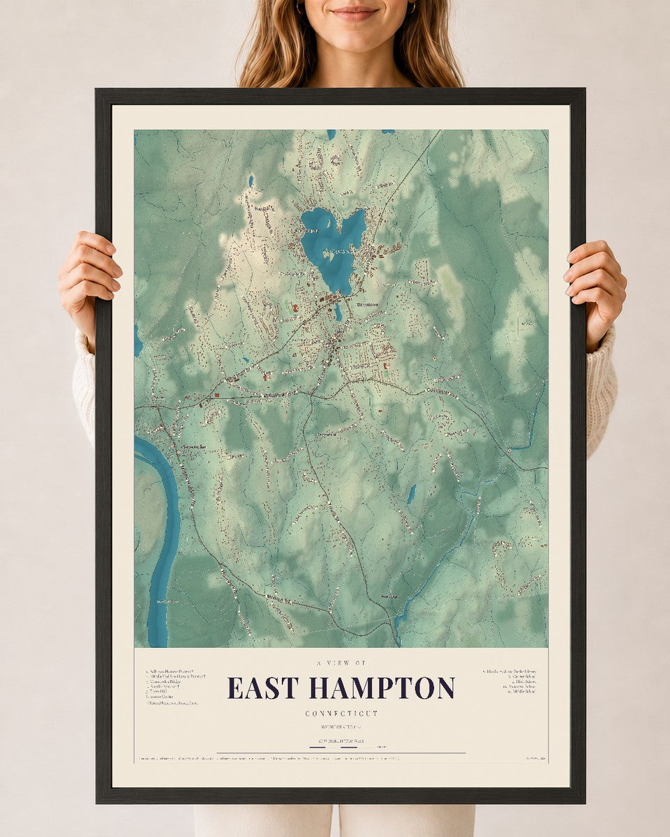 East Hampton, Connecticut map print, 24" x 36", W/ Black Ayous Wood Frame