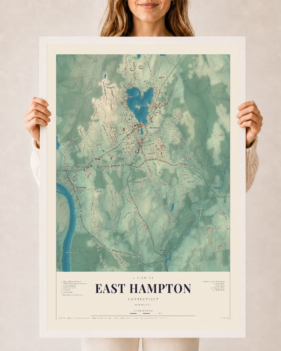 East Hampton, Connecticut map print, 24" x 36", W/ White Ayous Wood Frame