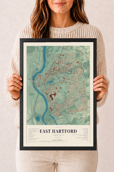 East Hartford, Connecticut map print, 12" x 18", W/ Black Ayous Wood Frame