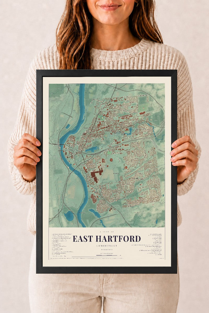 East Hartford, Connecticut map print, 12" x 18", W/ Black Ayous Wood Frame