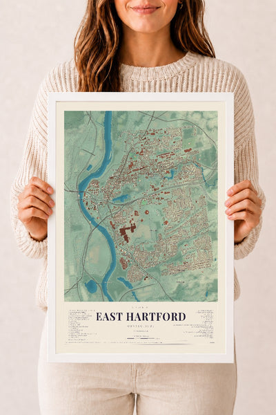 East Hartford, Connecticut map print, 12" x 18", W/ White Ayous Wood Frame