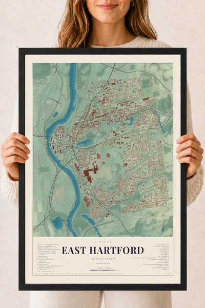 East Hartford, Connecticut map print, 18" x 24", W/ Black Ayous Wood Frame