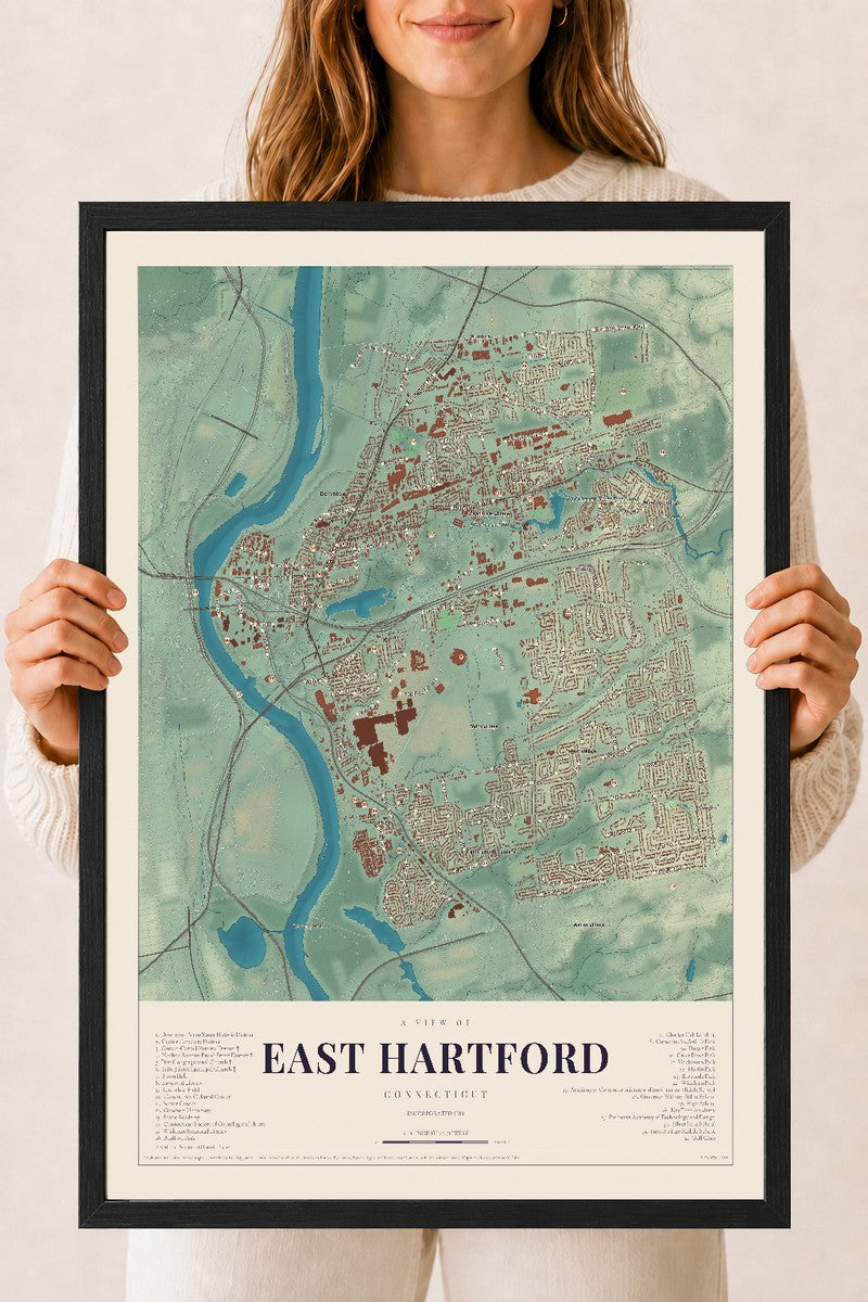 East Hartford, Connecticut map print, 18" x 24", W/ Black Ayous Wood Frame