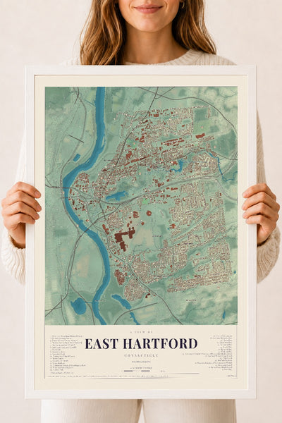 East Hartford, Connecticut map print, 18" x 24", W/ White Ayous Wood Frame
