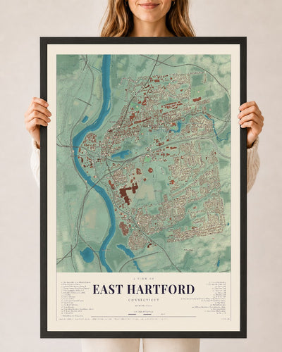 East Hartford, Connecticut map print, 24" x 36", W/ Black Ayous Wood Frame