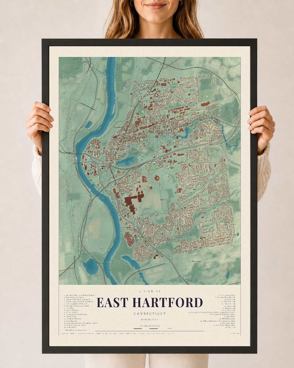 East Hartford, Connecticut map print, 24" x 36", W/ Black Ayous Wood Frame