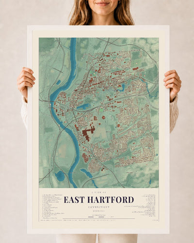 East Hartford, Connecticut map print, 24" x 36", W/ White Ayous Wood Frame
