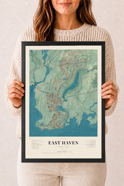 East Haven, Connecticut map print, 12" x 18", W/ Black Ayous Wood Frame