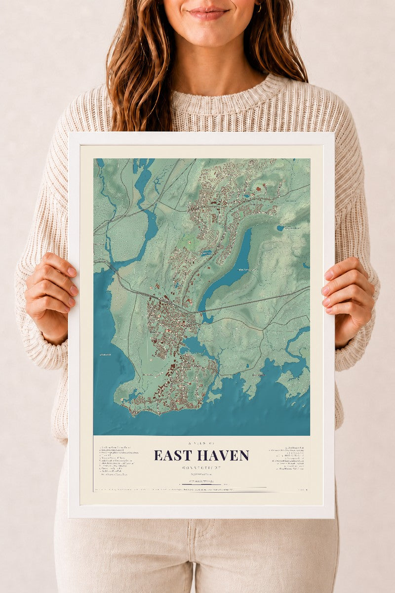 East Haven, Connecticut map print, 12" x 18", W/ White Ayous Wood Frame