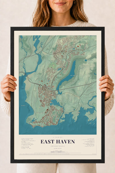 East Haven, Connecticut map print, 18" x 24", W/ Black Ayous Wood Frame