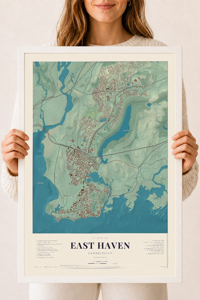 East Haven, Connecticut map print, 18" x 24", W/ White Ayous Wood Frame