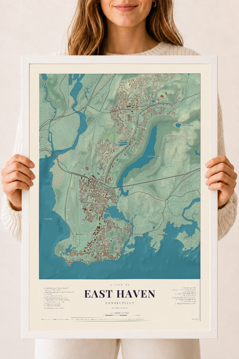 East Haven, Connecticut map print, 18" x 24", W/ White Ayous Wood Frame