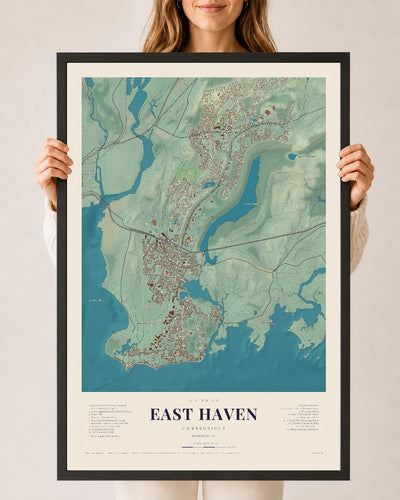 East Haven, Connecticut map print, 24" x 36", W/ Black Ayous Wood Frame