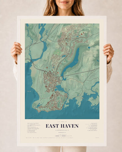 East Haven, Connecticut map print, 24" x 36", W/ White Ayous Wood Frame