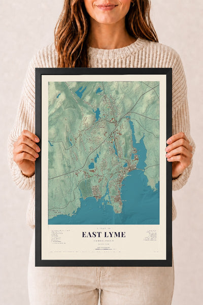East Lyme, Connecticut map print, 12" x 18", W/ Black Ayous Wood Frame
