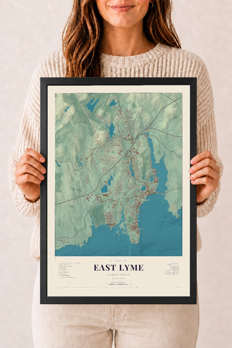 East Lyme, Connecticut map print, 12" x 18", W/ Black Ayous Wood Frame