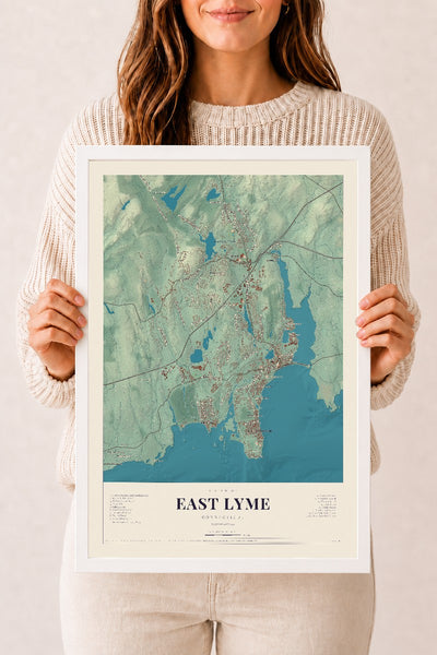East Lyme, Connecticut map print, 12" x 18", W/ White Ayous Wood Frame