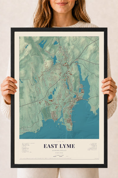 East Lyme, Connecticut map print, 18" x 24", W/ Black Ayous Wood Frame
