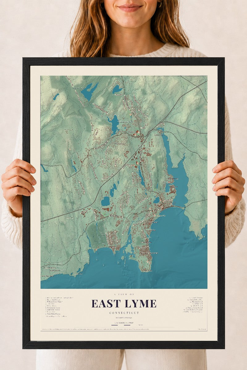 East Lyme, Connecticut map print, 18" x 24", W/ Black Ayous Wood Frame