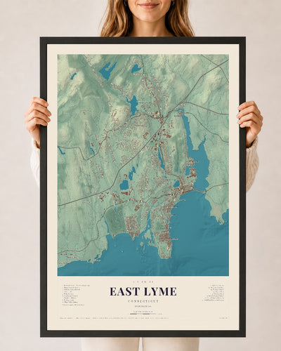 East Lyme, Connecticut map print, 24" x 36", W/ Black Ayous Wood Frame