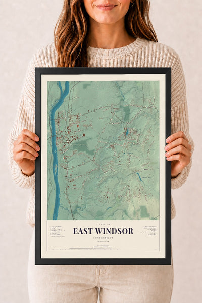 East Windsor, Connecticut map print, 12" x 18", W/ Black Ayous Wood Frame