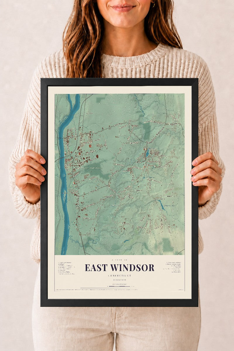 East Windsor, Connecticut map print, 12" x 18", W/ Black Ayous Wood Frame