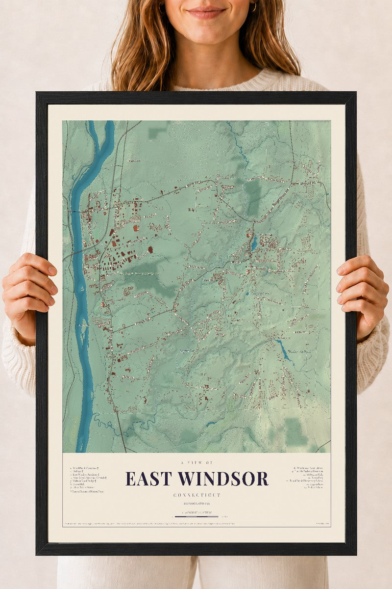 East Windsor, Connecticut map print, 18" x 24", W/ Black Ayous Wood Frame