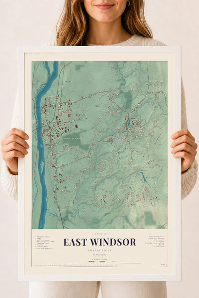 East Windsor, Connecticut map print, 18" x 24", W/ White Ayous Wood Frame