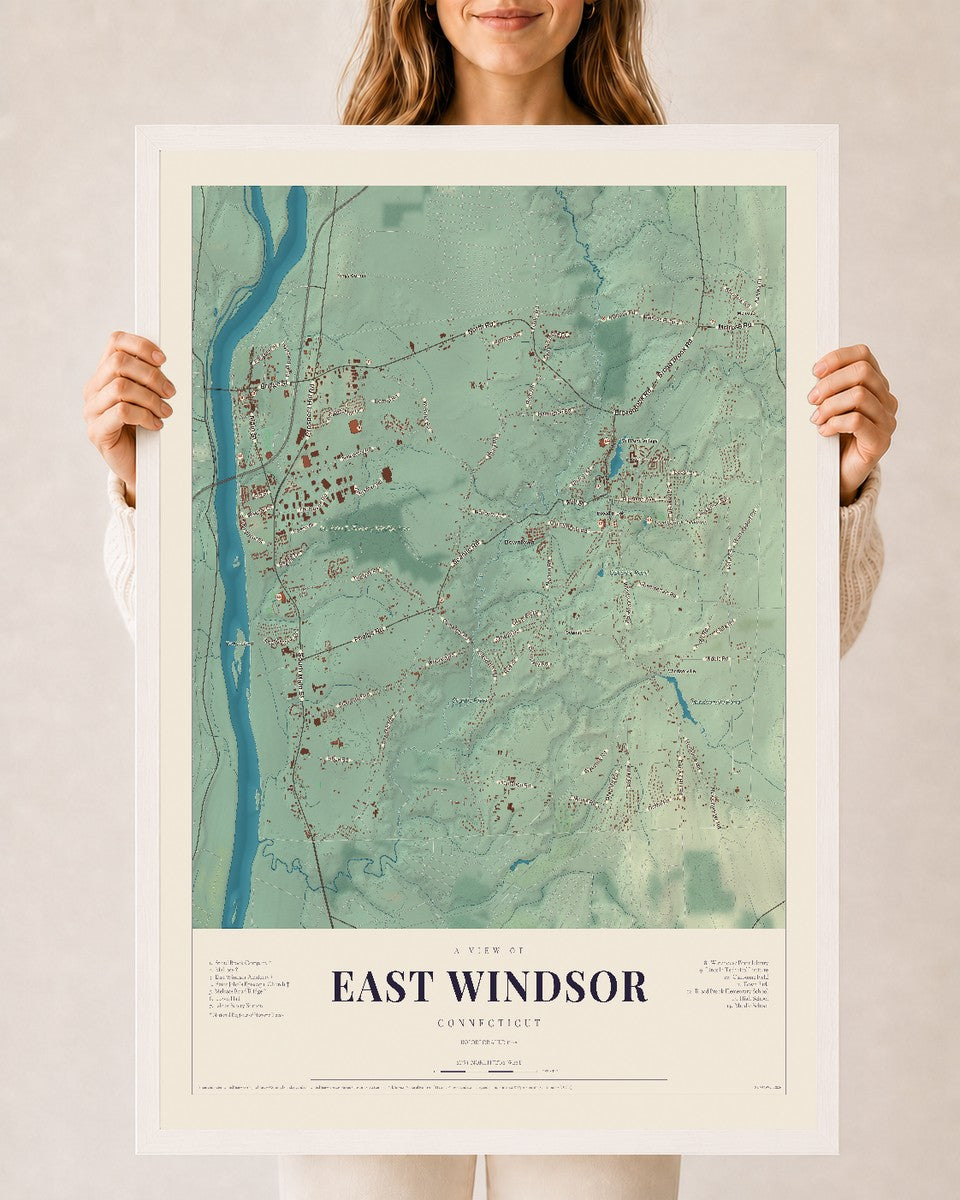 East Windsor, Connecticut map print, 24" x 36", W/ White Ayous Wood Frame