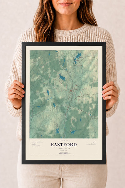 Eastford, Connecticut map print, 12" x 18", W/ Black Ayous Wood Frame