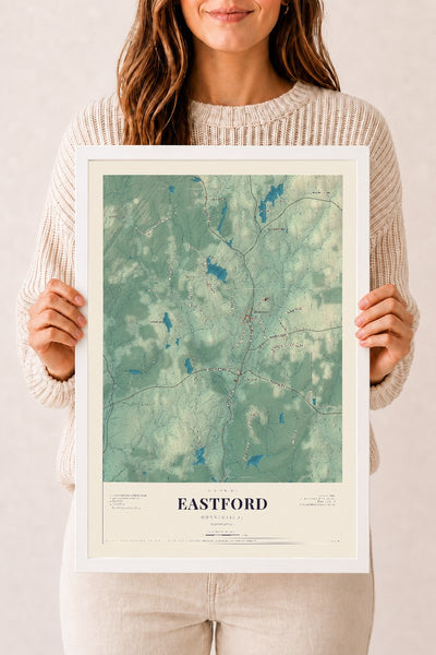 Eastford, Connecticut map print, 12" x 18", W/ White Ayous Wood Frame