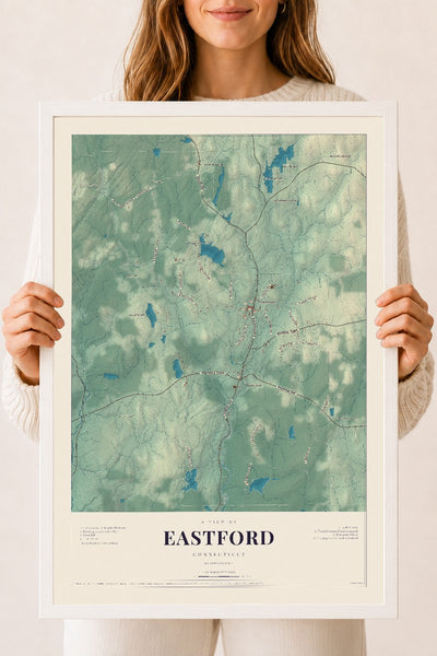 Eastford, Connecticut map print, 18" x 24", W/ White Ayous Wood Frame