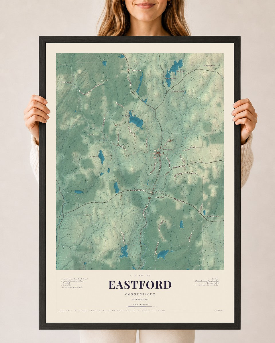 Eastford, Connecticut map print, 24" x 36", W/ Black Ayous Wood Frame