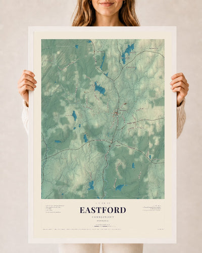 Eastford, Connecticut map print, 24" x 36", W/ White Ayous Wood Frame